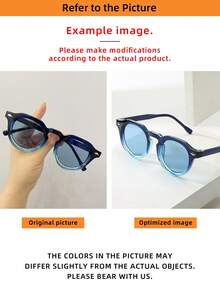 1pc Unisex Vintage Round Small Frame Minimalist Fashion Glasses, Suitable For Travel, Holidays, Beach And Daily Wear - Progressive Blue Frame Blue Film - View 5