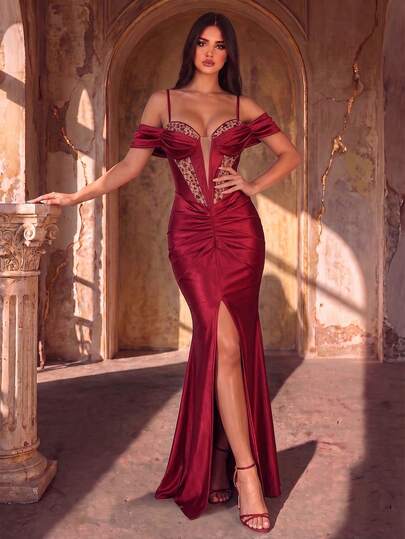 Burgundy Satin Off-Shoulder Corset Evening Gown, Sexy Slit Bodycon Mermaid Long Dress For Party, Gathering And Banquet