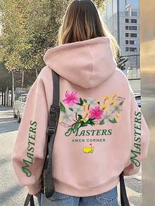 字母印花大碼女款休閒秋冬長袖口袋運動衫 粉色 - 粉色 - 查看 1