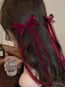 1/2pcs Elegant Lace Ribbon Bow Hair Accessories,Women's Hair Accessories,Fashionable Hair Accessories,Suitable For Valentine's Day,Fall Hair Accessory - Burgundy - View 3