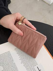 Portefeuille bifold matelassé brodé pour femmes avec poche zippée pour pièces, fentes pour cartes, porte-monnaie multifonction - Rose bonbon - Voir 2