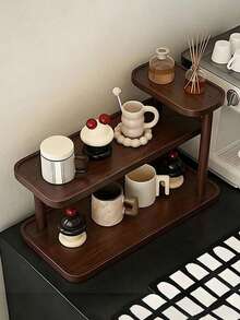 1pc Walnut Wood Desktop Storage Rack, Vintage 3-Tier Display Shelf, Multi-Layer Storage, Kitchen Spice Rack, Lacquered Finish, Retro Texture, Suitable For Displaying And Storing Cups, Mugs, Spice Bottles, Cosmetics, Perfumes And Decorative Items - Walnut - View 4