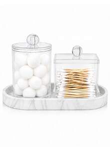 Bathroom Vanity Countertop Organizer Set, Clear Cotton Round Holder And Cotton Swab Dispenser With Lid, Decorative Silicone Marble Tray, Vanity Makeup Storage For Bathroom And Dresser - Multicolor - View 1
