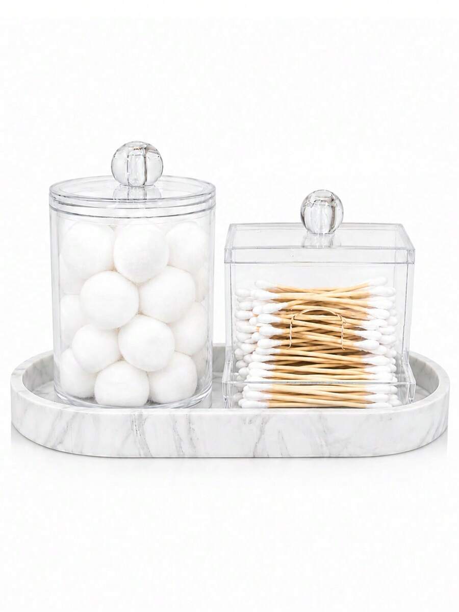 Bathroom Vanity Countertop Organizer Set, Clear Cotton Round Holder And Cotton Swab Dispenser With Lid, Decorative Silicone Marble Tray, Vanity Makeup Storage For Bathroom And Dresser - Multicolor - View 1