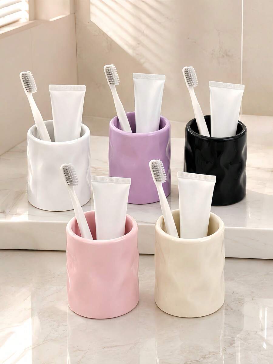 1pc Toothbrush Holder, Modern Minimalist Style, Cylindrical Asymmetrical Wavy Shape, Toothbrush & Toothpaste Organizer, Bathroom Countertop Storage (5 Colors) - Multicolor - View 1