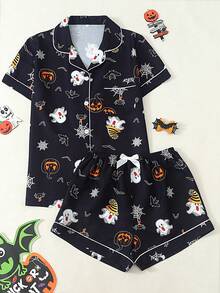 Set Piyama Wanita Motif Halloween Lengan Pendek Model Bubble Crinkle - Hitam - View 1