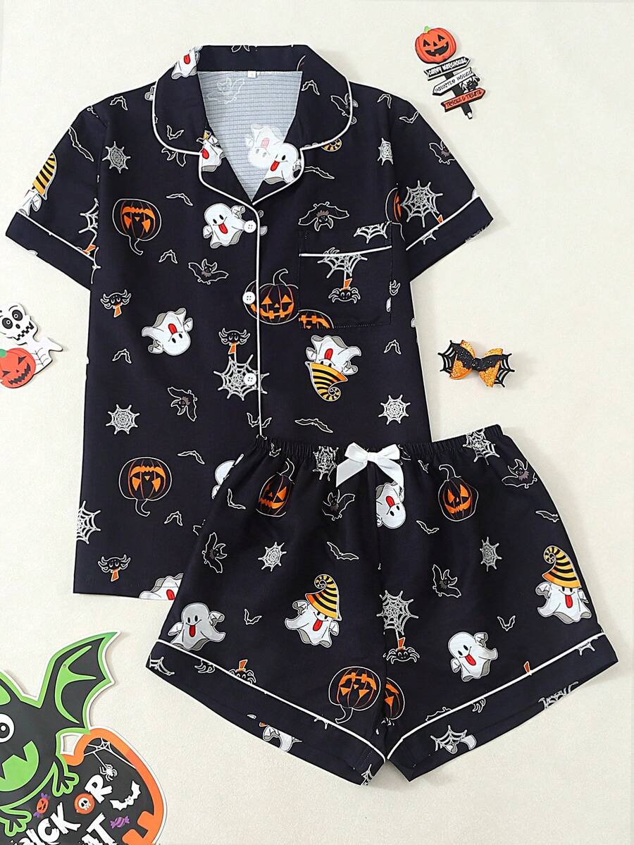 Set Piyama Wanita Motif Halloween Lengan Pendek Model Bubble Crinkle - Hitam - View 1