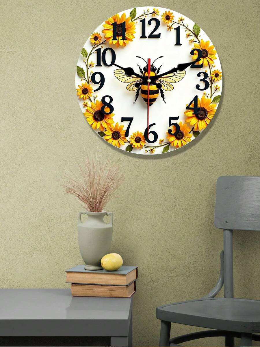 Bee And Sunflower Wall Clock- 10/12IN Round Wooden Clock, Silent Movement, Battery Operated(AA Batteries Not Included), Perfect For Bedroom, Living Room And Office Decoration- Charming Anniversary And Holiday Gift, Bee Decoration - A - View 1