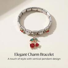 1pc Fashionable Fruit Cherry Pendant Heart Stainless Steel Modular Bracelet, Creative Personalized Italian Charm Bracelet - Multicolor - View 5