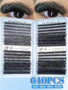 640/640/640pcs Curly Cluster False Eyelashes Set, High Density Fluffy Lashes, Large Capacity Single Cluster Lash Book, Soft Segmented Extension Style, Suitable For DIY Fox Eye & Cat Eye Looks, Music Festival Makeup, Mixed 10D+20D+30D+40D/30D+40D+50D+60D/50D+60D+80D+100D Cluster False Eyelashes - Multicolor - View 5