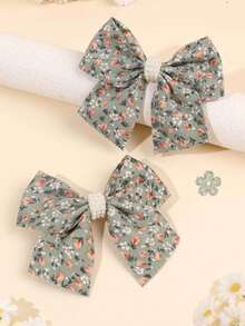 2pcs Green Floral Print Girls Bow Pearl Cluster Decor Alligator Hair Clips, Soft Vintage Daily Hair Accessories For Kids - Multicolor - View 1
