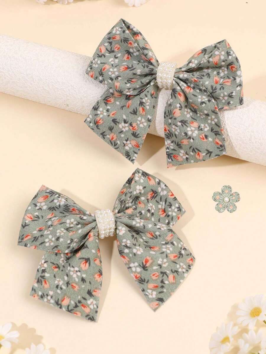 2pcs Green Floral Print Girls Bow Pearl Cluster Decor Alligator Hair Clips, Soft Vintage Daily Hair Accessories For Kids - Multicolor - View 1