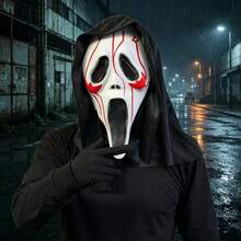 1 pièce Masque de visage de fantôme sanglant avec capuche noire, masque en latex de tête complète avec taches de sang rouge d'horreur criant, taille adulte, cosplay d'horreur d'Halloween, maison hantée, accessoire de fête de mascarade - Multicolore - Voir 1