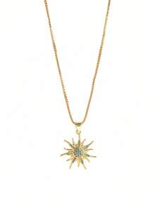 1pc Vintage Gold Color Stainless Steel Sunburst Turquoise Pendant Necklace With Copper Charm For Women Boho Party Daily Jewelry Gift - Multicolor - View 5