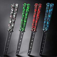 Peripherals Stainless Steel Multi-Hole Butterfly Comb Foldable Beginner Practice Flipping Toy, Cool Skull Print Trainer - EDC Finger Stress Relief Toy, Multiple Colors Available, Non-Sharp Blade - Multicolor - View 7
