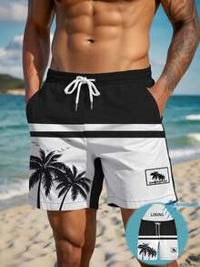 Bañador de playa para hombre de verano con estampado de palmeras, bloques de color a rayas y forro interior - Blanco y Negro - Ver 3