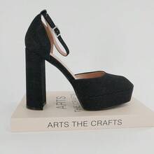 Zapatos cerrados plataforma con tacón grueso y purpurina, correa tobillera ajustable, calzado elegante para mujer, fiestas y salidas nocturnas - Negro - Ver 4