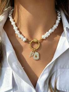 1pc Elegant Women's Baroque Pearl Necklace - Letter Pendant; Octagonal Star. Heart-Shaped Necklace. High-End Vintage, Suitable As A Holiday Gift For Women - Gold - View 16