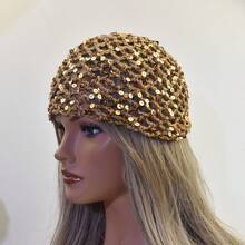 1pc New Adult Hollow Out Sequin Handmade Hat, Solid Color Cotton Yarn Hair Cap, Fashionable Fishnet Headwear For Styling - Multicolor - View 4