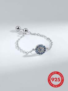 925 Sterling Silver Soft Chain Pull Ring For Women, Minimalist Classic Fashion Blue Eye Evil Eye Design, Elegant Luxury Sweet Hip-Hop Style - Silver - View 2