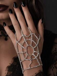 1 pieza Cadena de mano con telaraña de strass completa, anillo de mano conectado con telaraña de strass hueca, accesorio de mano estilo gótico punk de terror de Halloween para fiesta y cosplay de mujer - diamantes de imitación - View 2