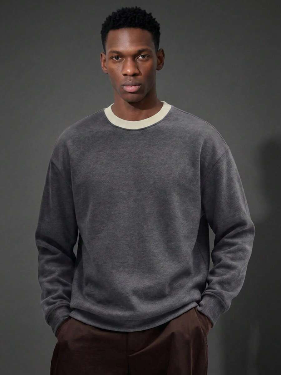Camvyn Men's Autumn/Winter Casual Versatile Patchwork Loose Drop Shoulder Crew Neck Sweatshirt - Dark Grey - View 1
