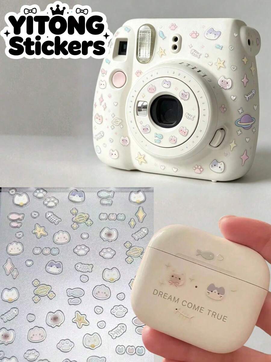 1 pieza Pegatina con tema de gato, transparente de PET, resistente al agua, decorativa para cámara / decoración de auriculares DIY / modificación de dispositivos digitales, apta para principiantes - Lindo gato - Ver 1
