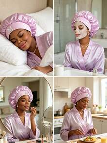 1pc Pearl Letter Print Satin Sleep Cap, Elastic Wide Band, Silky Hair Protection Cap, Suitable For Women's Night Sleep, Travel And Daily Hair Care - Multicolor - View 10