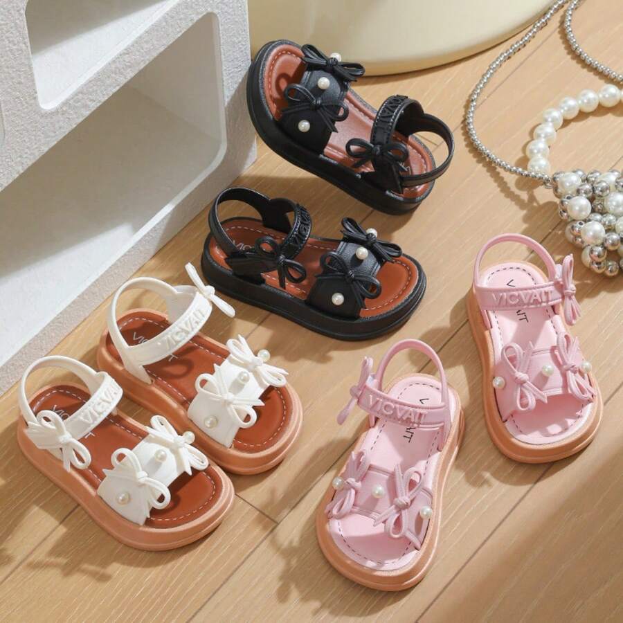 Caweiny Girls' Fashion Bow & Beaded Decor Thick Sole Sandals - Beige - View 1
