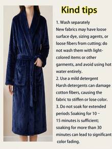 1 pieza Bata de baño de franela gruesa de moda para mujer, con bolsillos, lazo, cuello doblado, suave y cómoda, para relajación corporal, adecuada para ropa de dormir y lencería de mujer de talla grande - Azul Marino - Ver 12