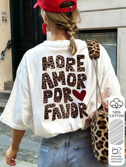 T-shirt feminina sexy com estampa de leopardo e letra de coração, manga curta, corte slim, tecido macio 100% algodão, estilo Y2K, branca, casual de verão