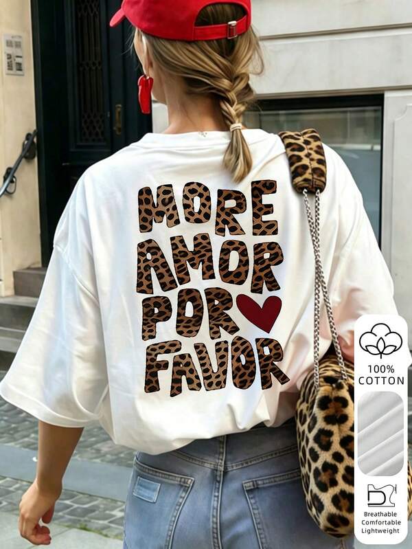 Women's Sexy Leopard Print Heart Letter Short Sleeve T-Shirt, Slim Fit, 100% Cotton Soft Fabric, Y2K Style White Casual Summer