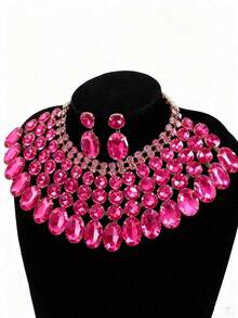 3pcs/Set Fashionable Elegant Geometric Rhinestone Necklace & Earrings Jewelry Set, Suitable For Wedding, Banquet, Party - Multicolor 2 - View 6