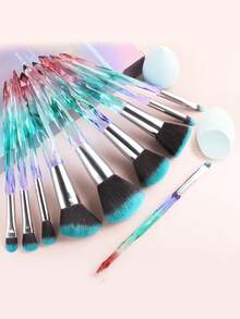 ronshadow 10pcs Gradient Transparent Ice Crystal Diamond Handle Makeup Brush Set With Makeup Sponge, Round Powder Brush, Angled Blush Brush, Large Foundation Brush, Small Eyeshadow Blending Brush, Detail Concealer Brush - Multicolor - View 1