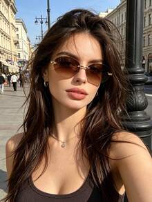 1件歐美跨境新款無框切邊橢圓時尚眼鏡，高端個性化女款眼鏡 - 金框漸茶片 - 查看 1