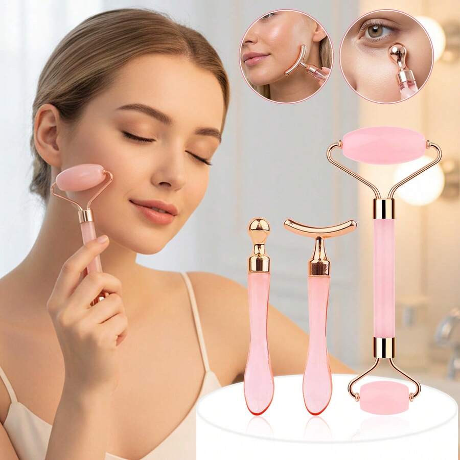 MONKIDS 3pcs Multi-Function Roller Massager, Designed To Fit Skin, Cheek, Jawline, Neck Lifting Massage, Promotes Circulation, Improves Fine Lines, Suitable For Home Massage Relaxation, Convenient For Travel