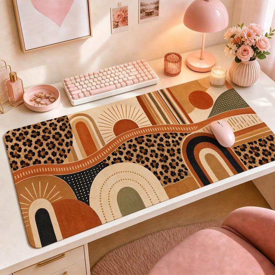 Boho Leopard Patchwork Extended Mouse Pad, Warm Abstract Large Desk Pad For Keyboard And Mouse, Home Office Computer Mat, Stylish Desk Accessories Gift - View 1