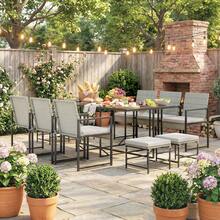 Outsunny 11 Pieces Wicker Patio Dining Set, Rattan Outdoor Furniture Set With 6 Armchairs, 4 Stools, Tempered Glass Table Top, Removable Cushions, For Backyard, Poolside, Balcony - 淺灰色 - 查看 9