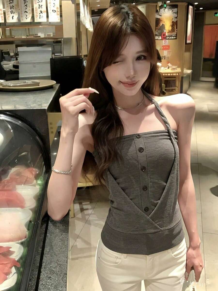 性感女款無袖細肩帶短版上衣,夏季休閒外穿 - 灰色 - 查看 1