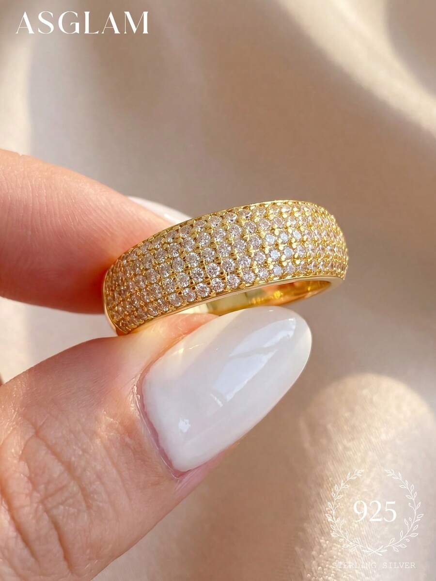 1件優雅閃耀時尚設計925純銀鑲金與白色鋯石戒指,適合女性佩戴,適合週年紀念生日禮物 - 金色 - 查看 1
