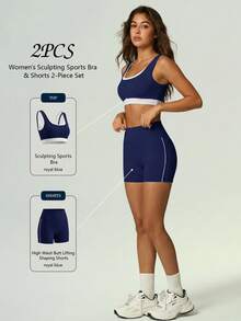 UONNOU 2 Peças Conjunto de Shorts Esportivos Modeladores Femininos, Roupa Esportiva Casual de Fitness para o Verão - Azul Royal - Visão 2