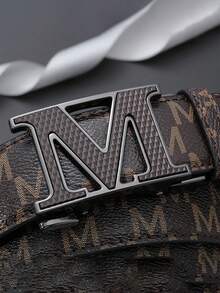 Men Monogram M Letter Automatic Buckle PU Leather Belt, Business Casual Waist Strap For Jeans Pants - Multicolor - View 3
