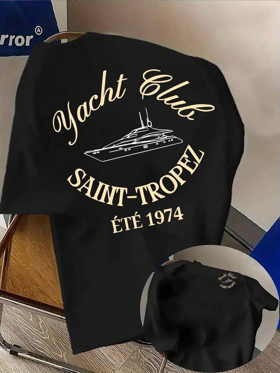 T-shirt estive da uomo con stampa yacht Saint-Tropez - Cotone, girocollo, maniche corte, lavabili, comode e casual, ideali per tutto l'anno, per la casa e per l'esterno. - nero - Visualizzare 1