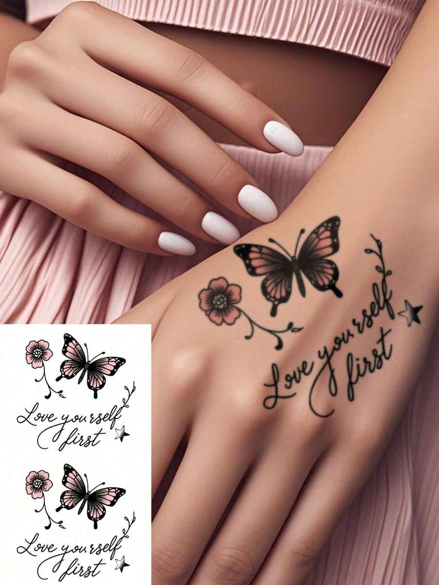 Temporary Tattoo Stickers Waterproof Reusable Body Art For Women, Pink Butterfly And Flower Design For Arm, Leg, Shoulder, Beach, Party, Everyday Style - Multicolor - View 1