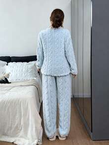 Dreamivo 2pcs/Set Women's Solid Color Plush Thickened Fleece Long Sleeve Long Pants Pajama Set, Simple And Fashionable Sleepwear - Blue - View 2