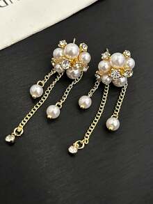 1 Pair French Style High-End Gold-Tone Rhinestone Flower & Pearl Long Tassel Earrings, Luxury Delicate Classic Fashion Earrings For Daily Wear - Earring - View 2