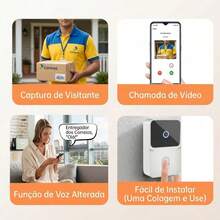 Campainha com Câmera Vídeo Porteiro Sem Fio Wi-Fi Inteligente Alta Resolução Áudio Bidirecional Visão Noturna Automática Recarregável Design Moderno em ABS Proteção Completa para Portas e Apartamentos - Preto - Visão 5