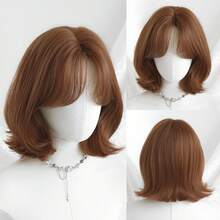 Ombre Brown Short Curly Bob Wig For Women 12 Inch Layered Wig With Curtain Bangs Natural Synthetic Heat-Resistant Fiber Fluffy Wig For Daily Party Wear Use - Multicolor - View 12