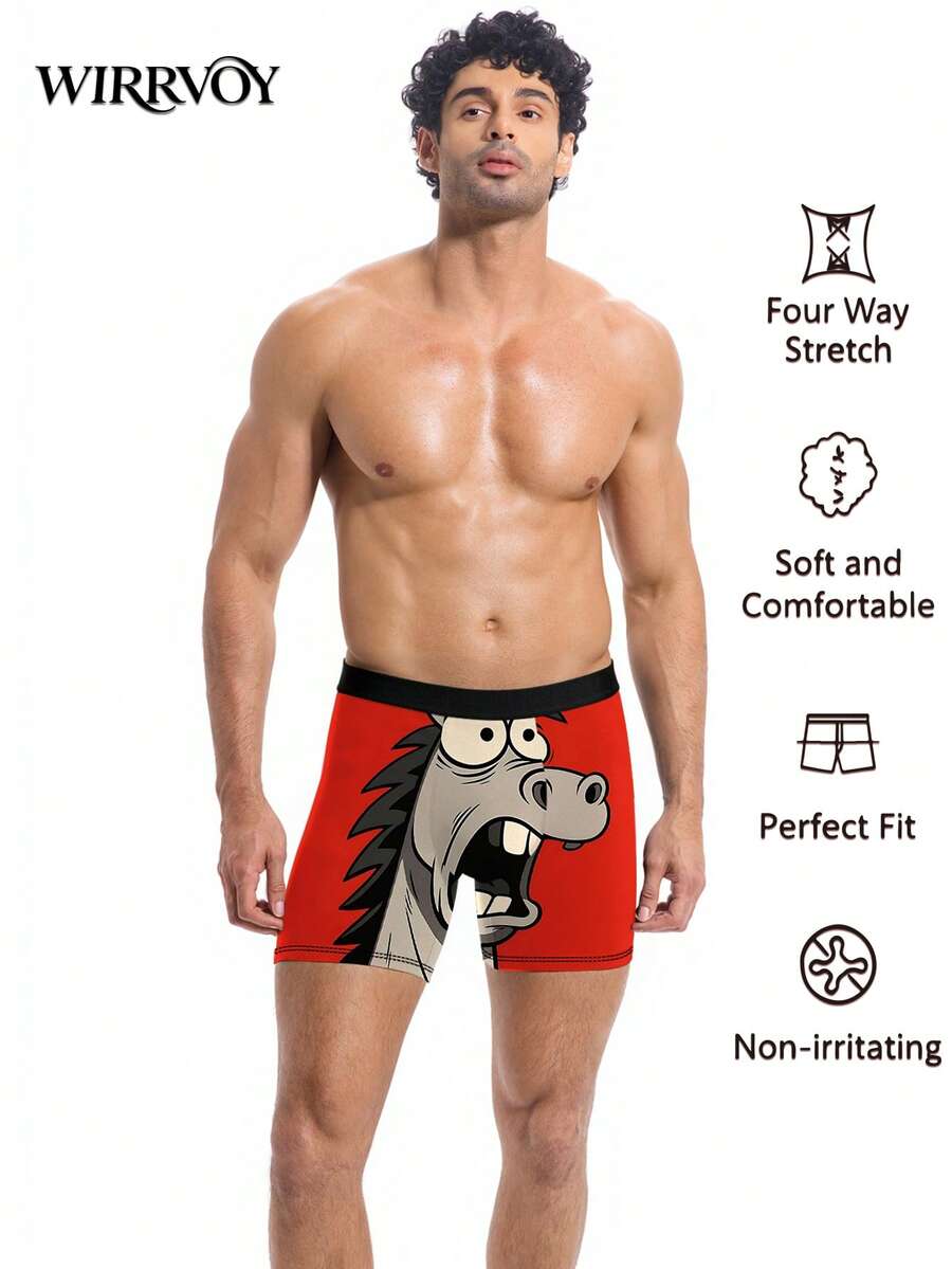 1pc Funny Open Mouth Cartoon Donkey Print Boxer Briefs, Red Background ...