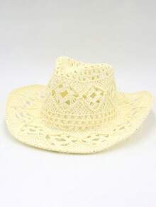 1pc Vintage Hollow Wide Brim Straw Hat, Suitable For Spring And Summer Outdoor Travel, Vacation And Beach Wear; Unisex, Handwoven, Breathable And Sun-Protective, Combining Western Cowboy Style And Panama Hat Features. - A - View 6